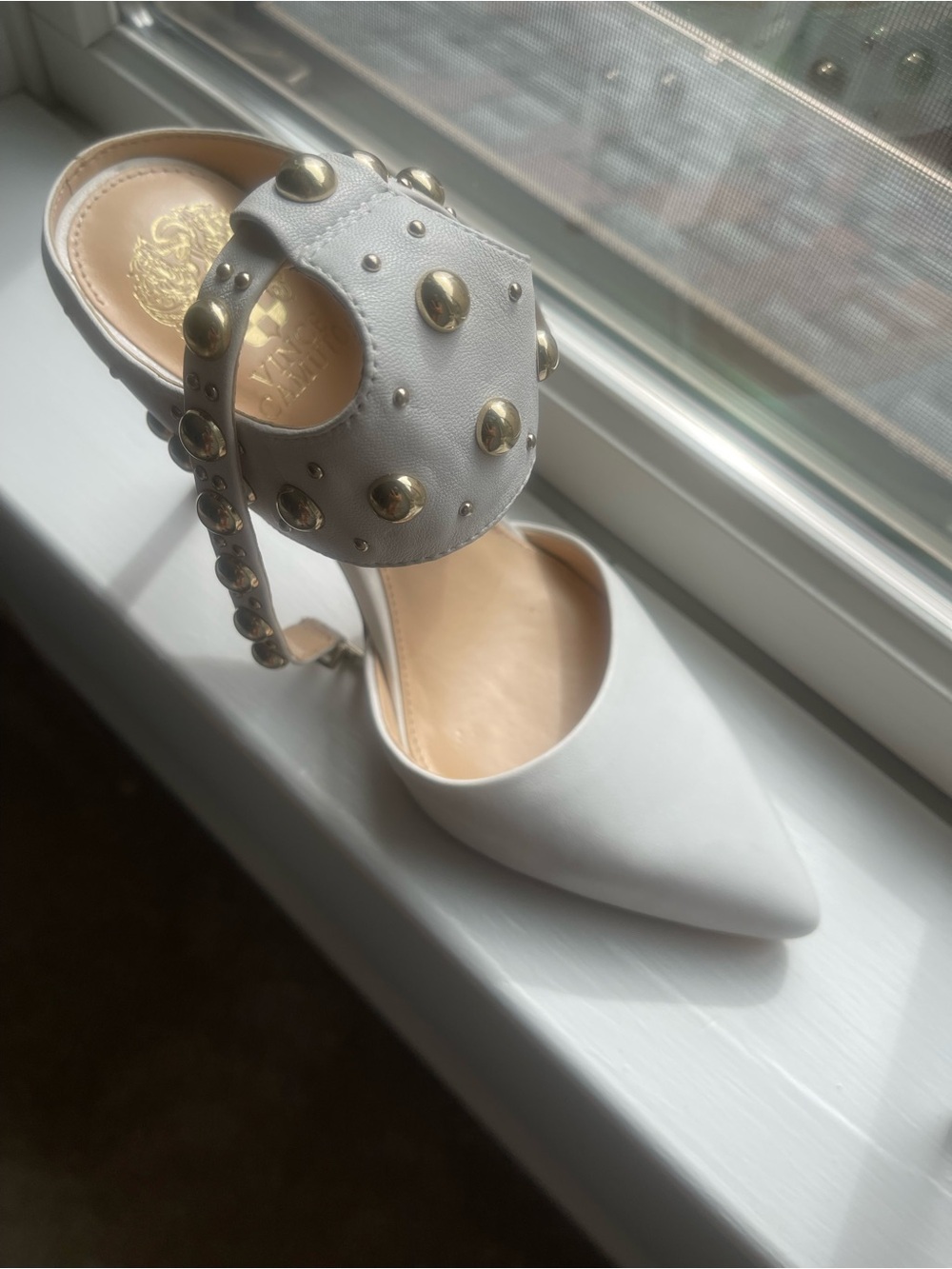 Vince Camuto White Pointed Toe Studded Ankle Strap Heels